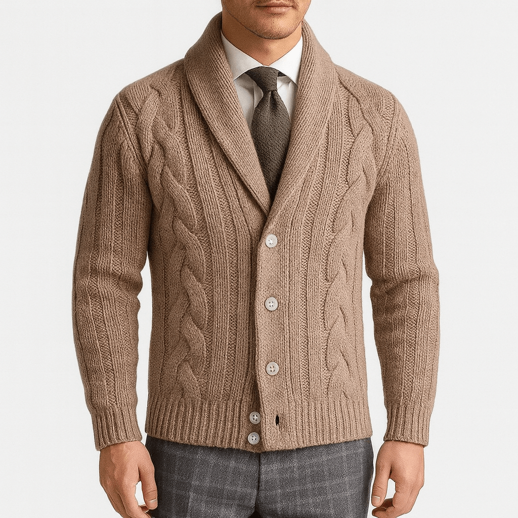 LUXEOUTFIT | Strickjacke mit Schalkragen und Zopfmuster 0