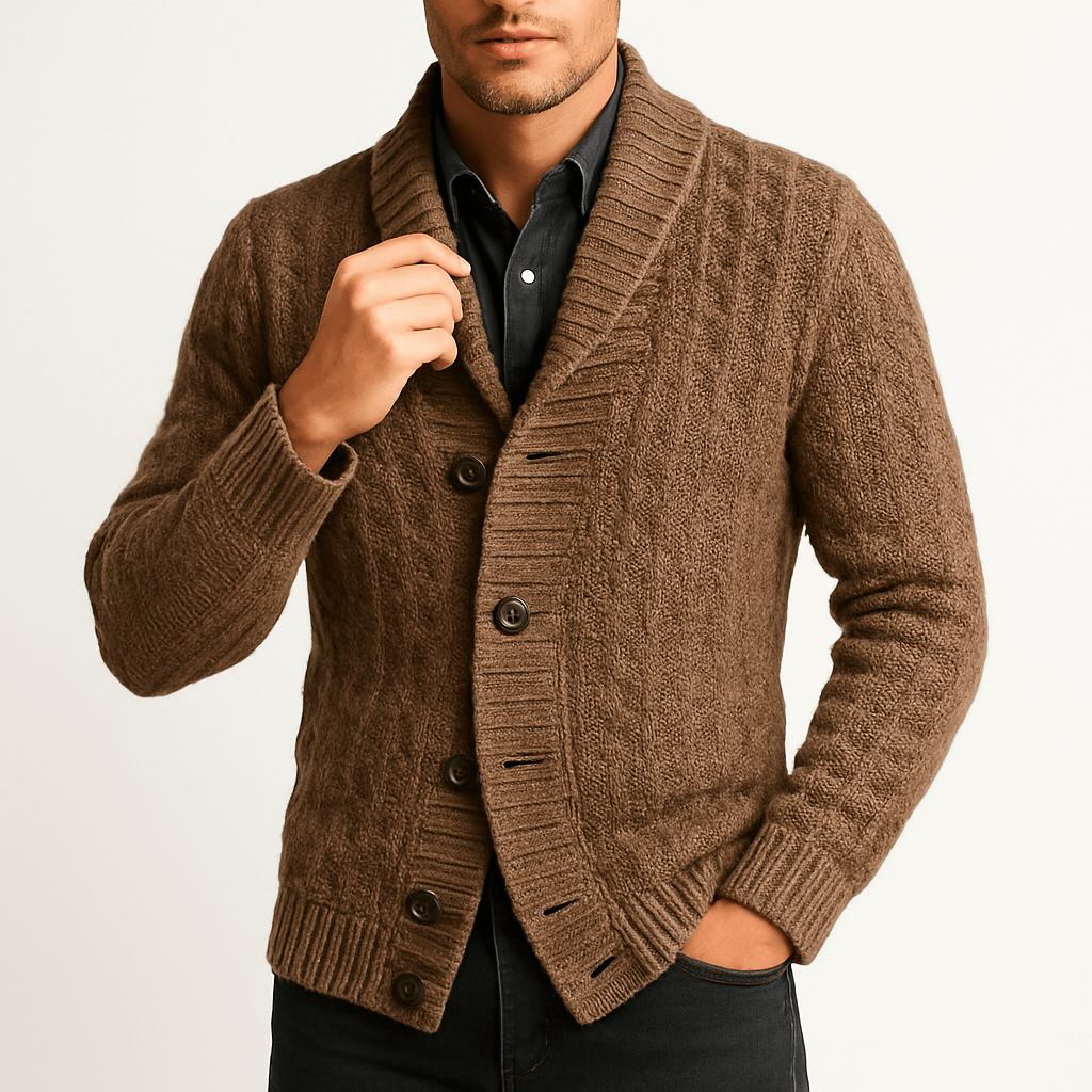 LUXEOUTFIT | Strickjacke mit Schalkragen und Zopfmuster 0