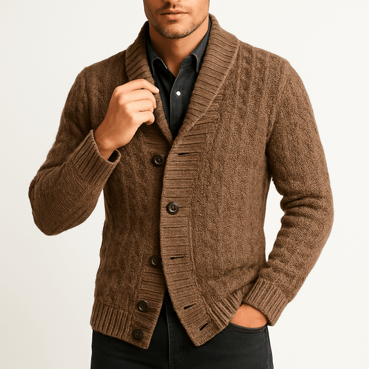 LUXEOUTFIT | Strickjacke mit Schalkragen und Zopfmuster 0