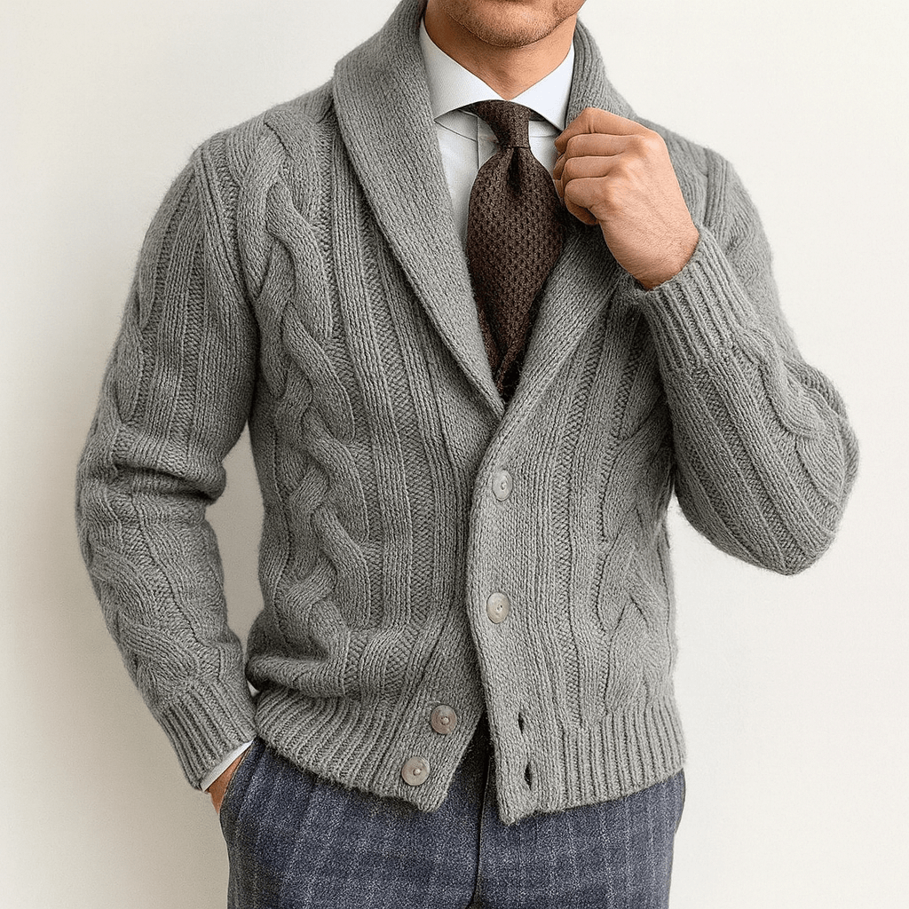LUXEOUTFIT | Strickjacke mit Schalkragen und Zopfmuster 1