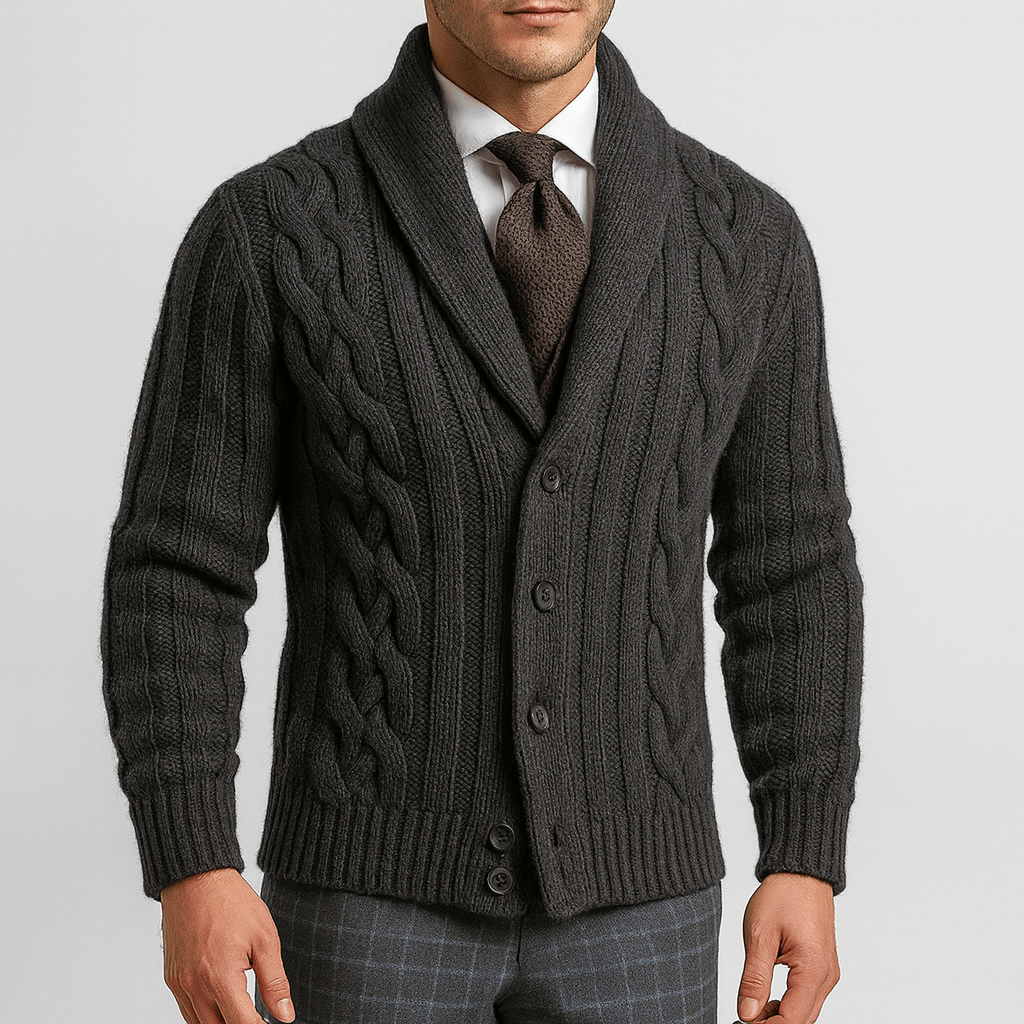 LUXEOUTFIT | Strickjacke mit Schalkragen und Zopfmuster 3
