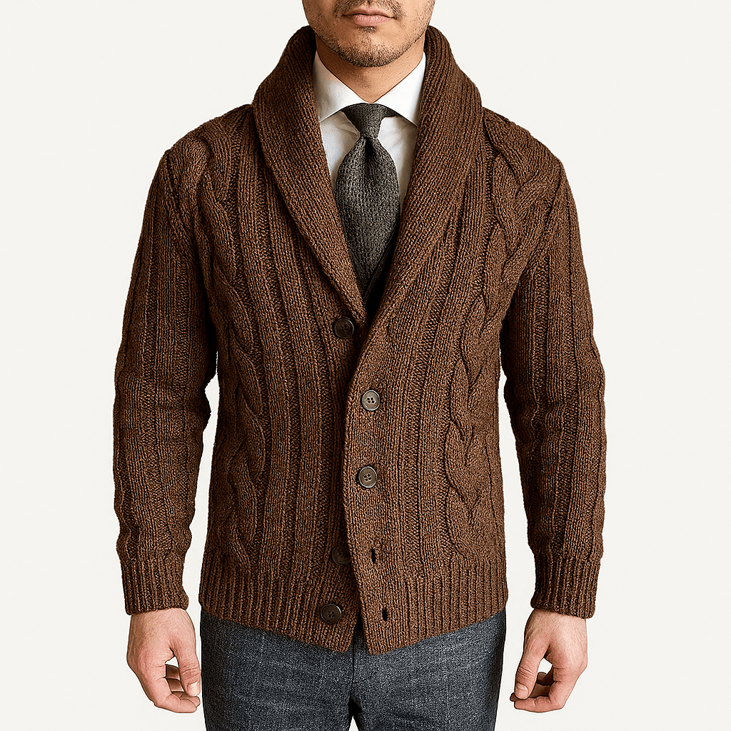 LUXEOUTFIT | Strickjacke mit Zopfmuster und Schalkragen 0