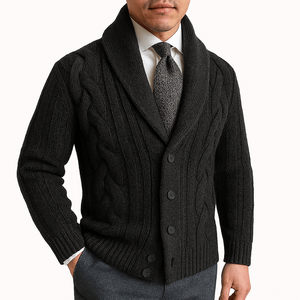 LUXEOUTFIT | Strickjacke mit Zopfmuster und Schalkragen 1