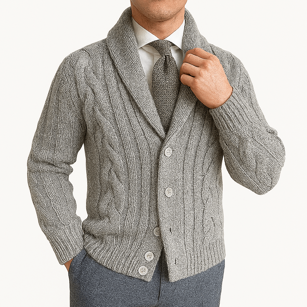 LUXEOUTFIT | Strickjacke mit Zopfmuster und Schalkragen 2