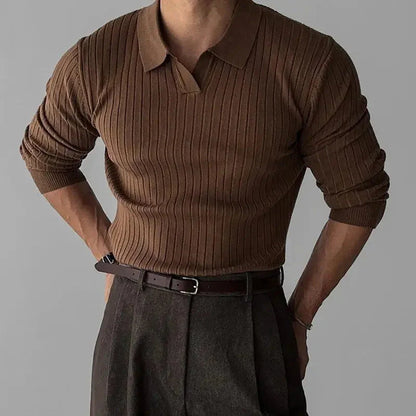 Langarm-Polo | Umlegekragen | Rippstrick | Poloshirts | Herrenhemden-Braun-S-Chaps Herrenmode