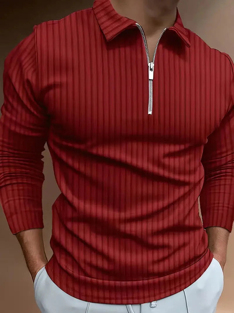 Langarm-Poloshirt | Viertelreißverschluss | schmale Passform | Polo mit halbem Reißverschluss | Herrenpullover-Burgunderrot-S-Chaps Herrenmode