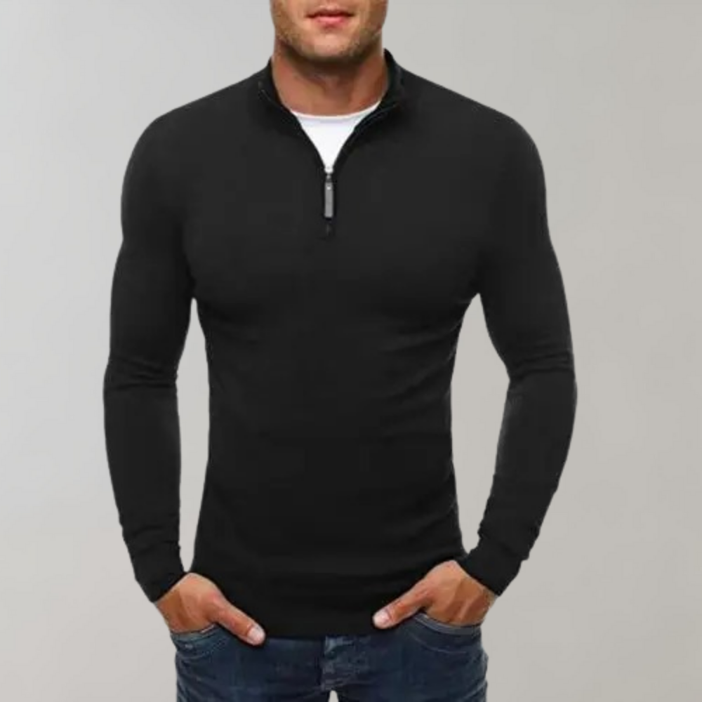 Herren T-Shirt Langarm Slim Fit Viertelreißverschluss - BerlinGlamour