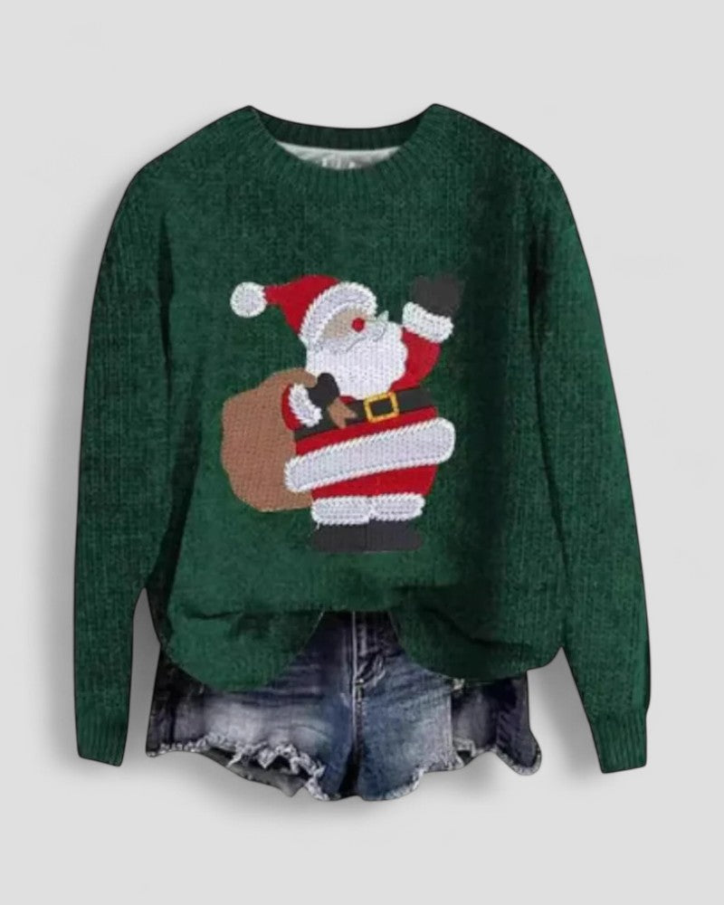 Langärmliger Weihnachtspullover mit Weihnachtsmann-Motiv für Damen 1