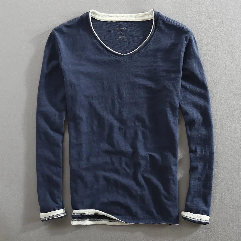 Langärmliges T-Shirt – Herren-Freizeithemd aus Leinen und Baumwolle mit V-Ausschnitt-Marineblau-S-Chaps Herrenmode