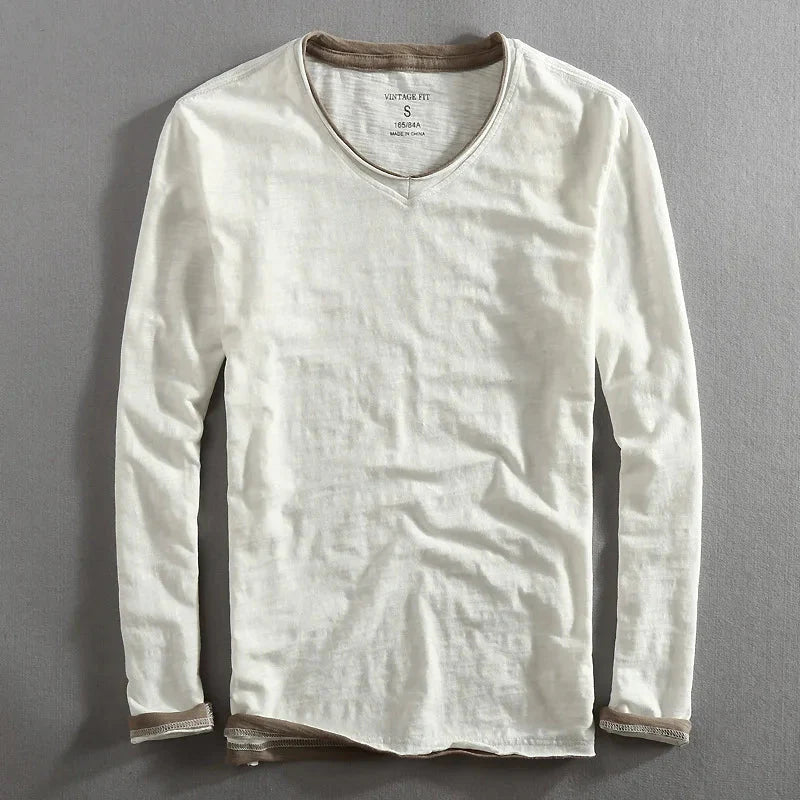 Herren T-Shirt Langarm Leinen Baumwolle V-Ausschnitt - BerlinGlamour