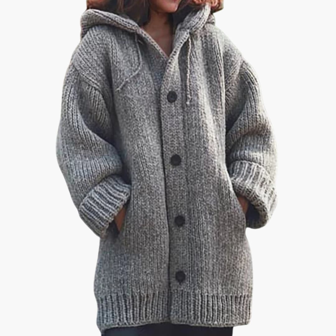 Lange Damen-Strickjacke mit Kapuze Warme 1