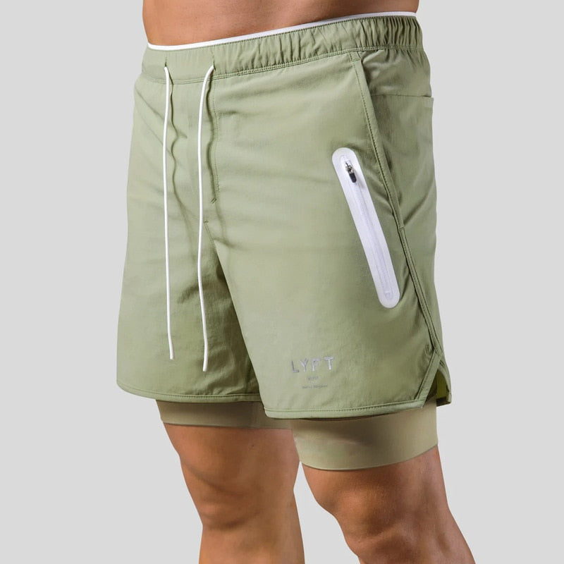 Laufshorts - Herren 2-in-1 Sport Gym Shorts mit Taschen-Grün mit Logo-M-Chaps Herrenmode