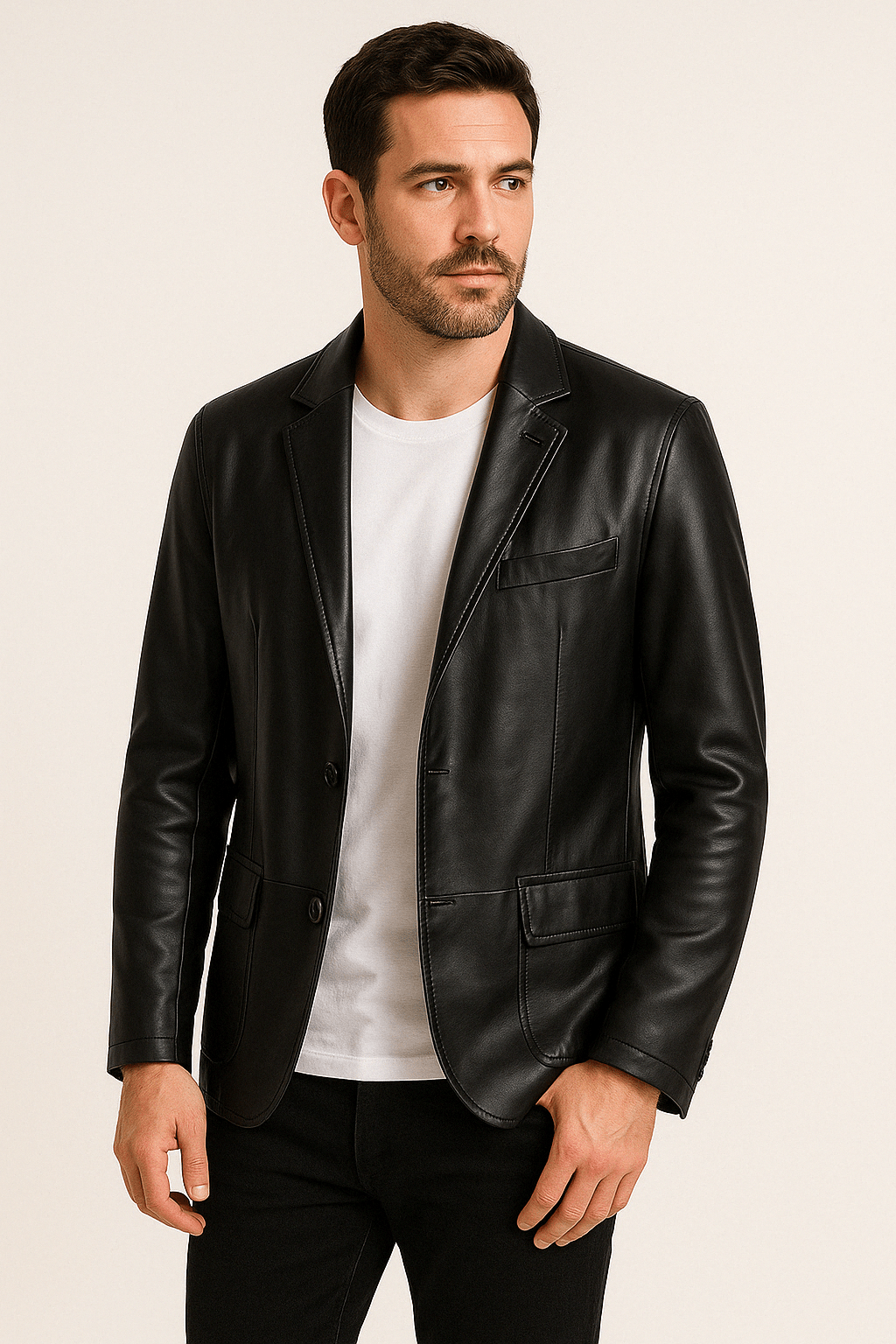 Herren Lederjacke Revers Knöpfe Kunstleder Schwarz - BerlinGlamour