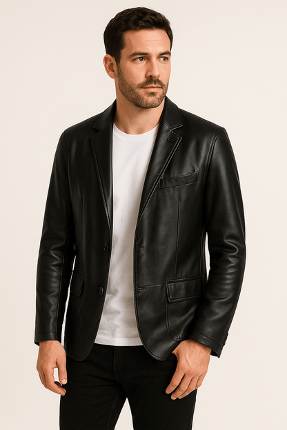 Herren Lederjacke Revers Knöpfe Kunstleder Schwarz - BerlinGlamour