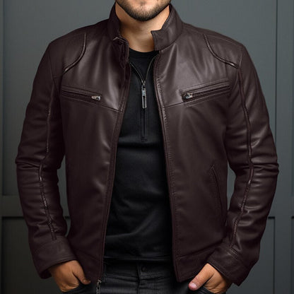 Lederjacke - Klassische schwarze und braune Lederjacke mit Reißverschluss für Männer-Braun-S-Chaps Herrenmode
