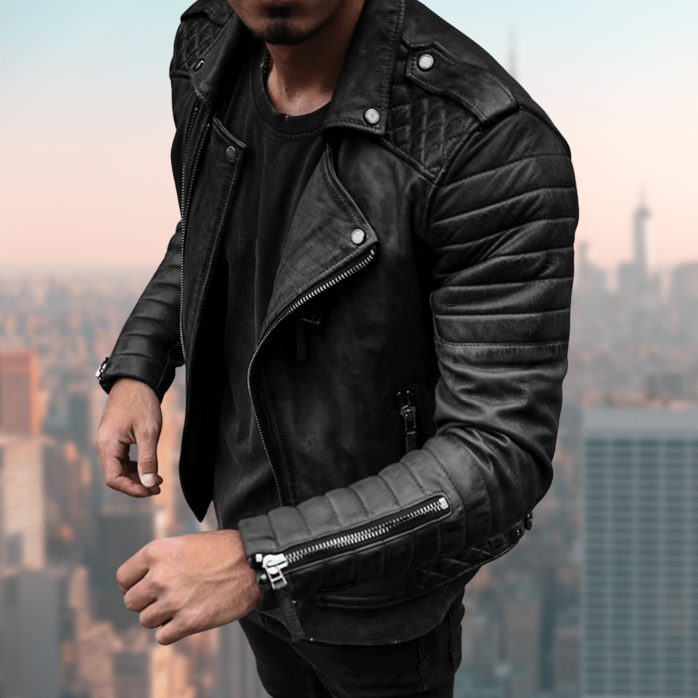 Herren Lederjacke Bikerstil Schwarz Zip-Up - BerlinGlamour