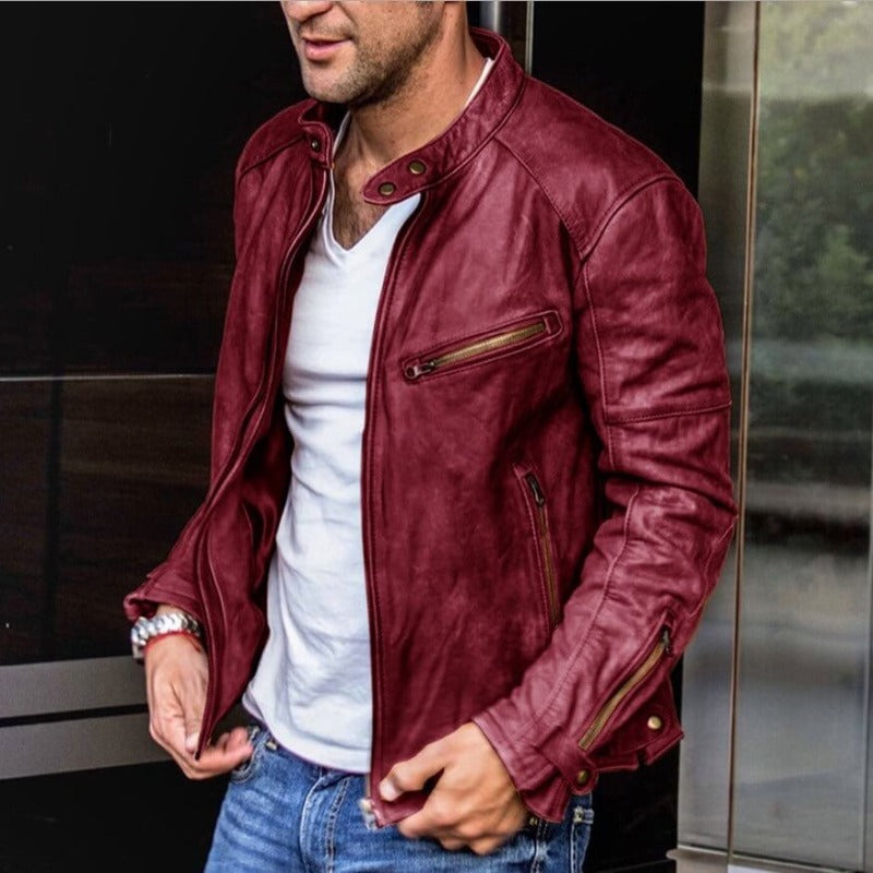 Lederjacke | Retro | Reißverschluss | Bikerjacke | Herrenjacke-Rot-S-Chaps Herrenmode
