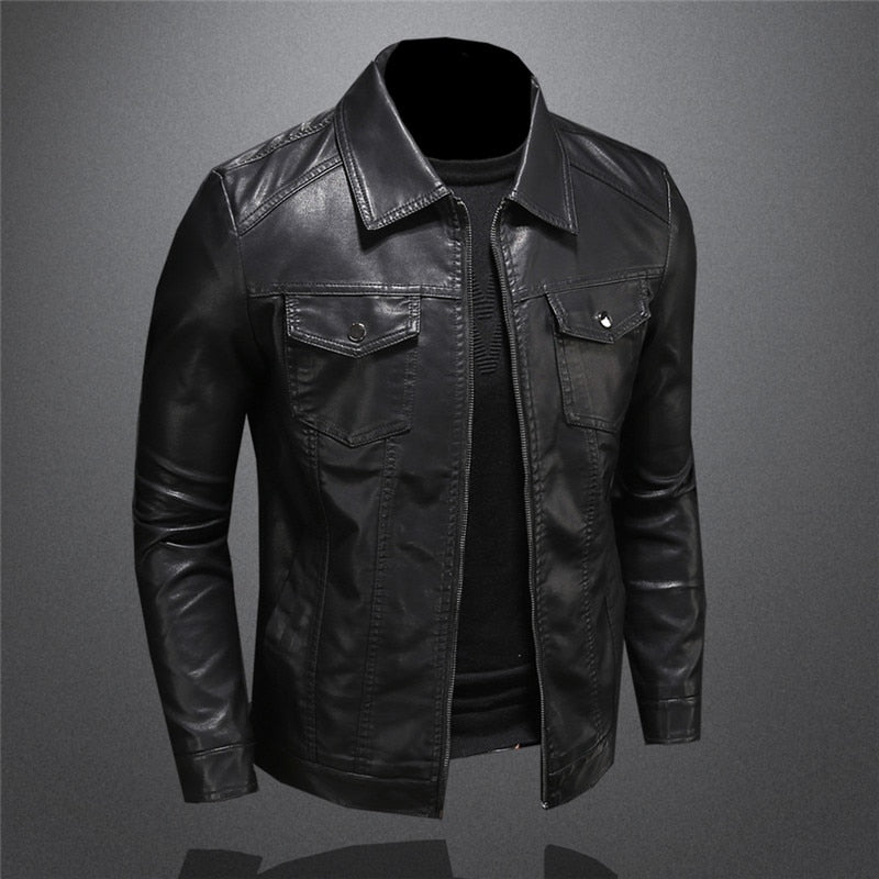 Lederjacke - Schwarze Slim Fit Kunstlederjacke für Männer-Chaps Herrenmode