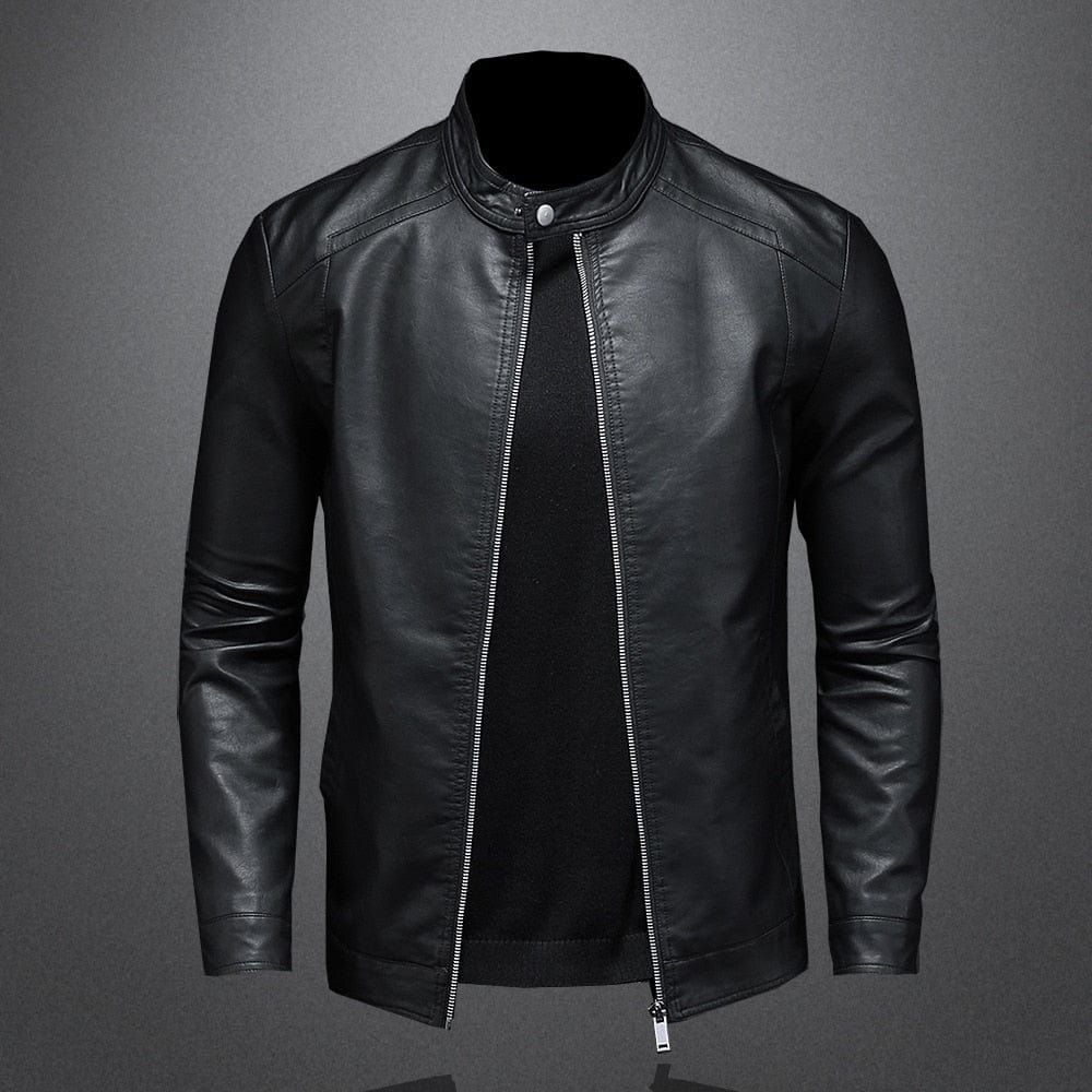 Schwarze Lederjacke Herren Reißverschluss Echtleder Look - BerlinGlamour