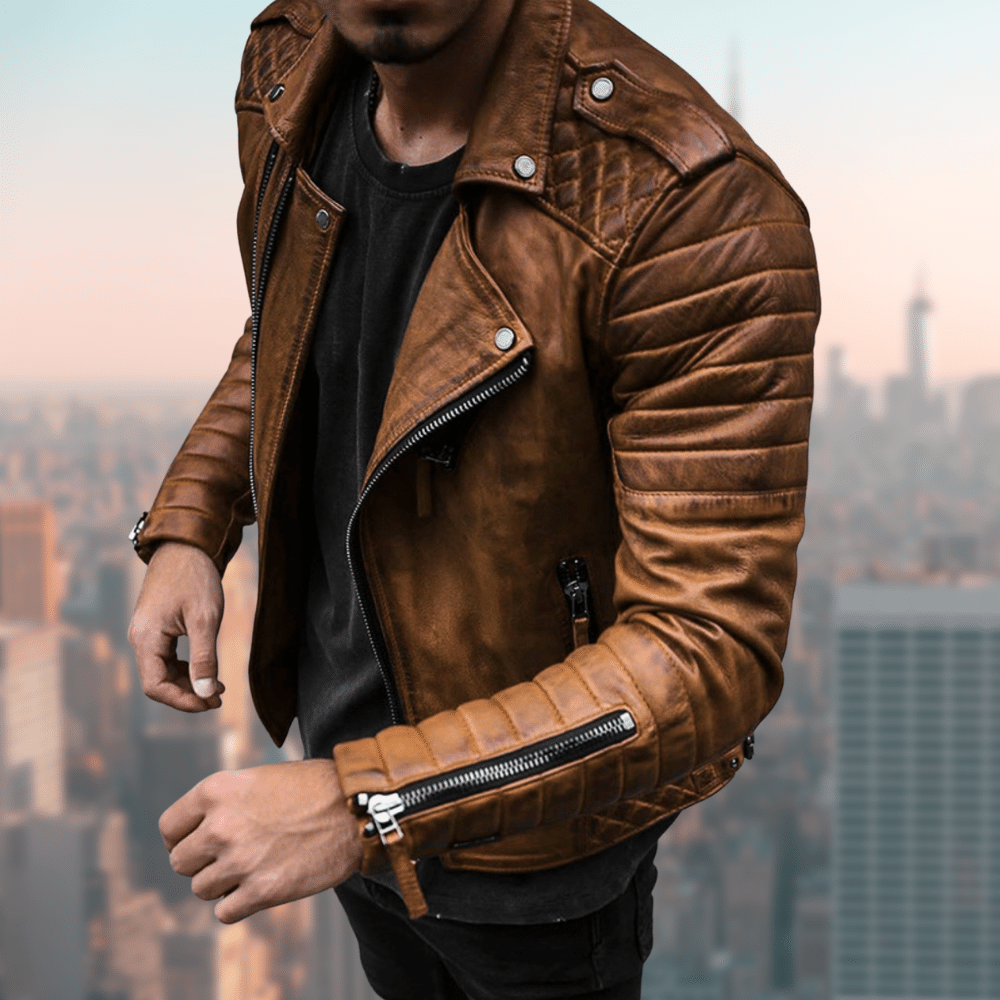 Lederjacke - Zip-Up - Kunstleder - Lederjacke für Männer - Bikerjacke-Braun-S-Chaps Herrenmode