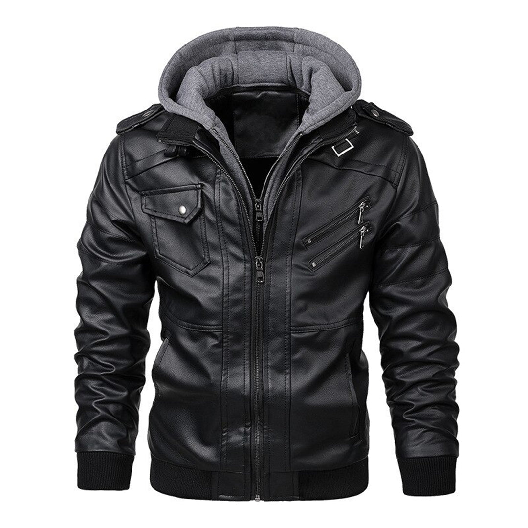 Herren Lederjacke Bikerstil mit Kapuze Reißverschluss - BerlinGlamour