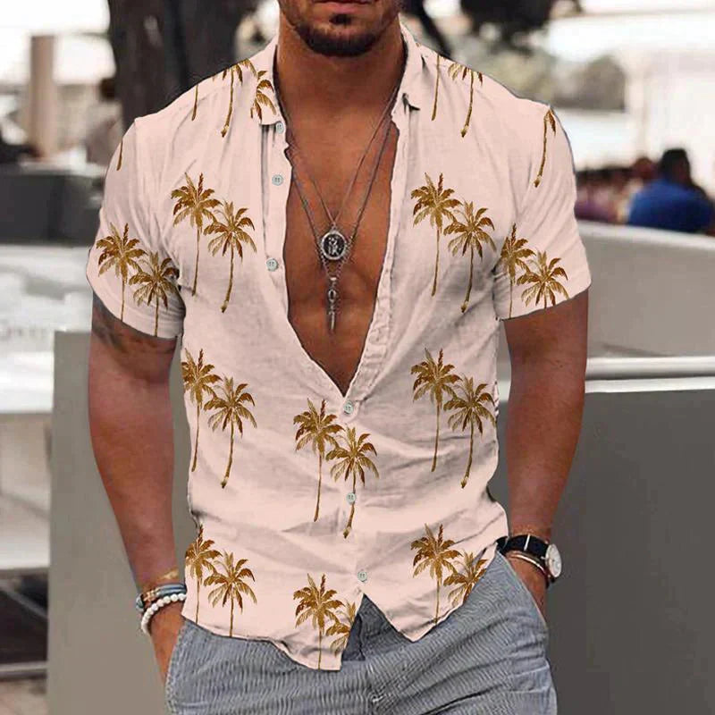 Herren Leinenhemd Kurzarm Bedruckt Modern - BerlinGlamour