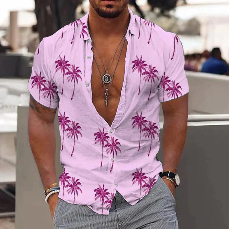 Leinenhemd - Bedruckt - Button-Up - Kurzarmhemd - Herrenhemd-Lila-S-Chaps Herrenmode