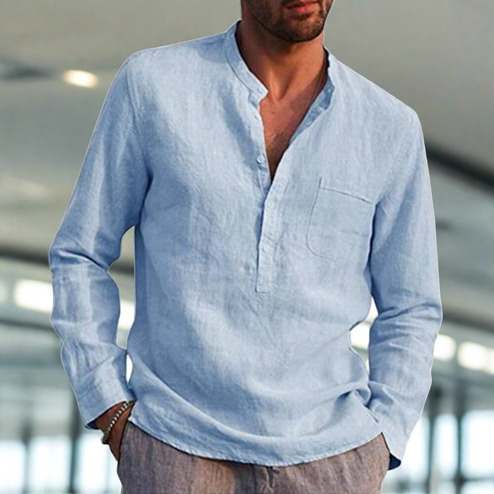 Leinenhemd | Brusttasche | Halber Knopf | Langarm | Herrenhemd-Chaps Herrenmode