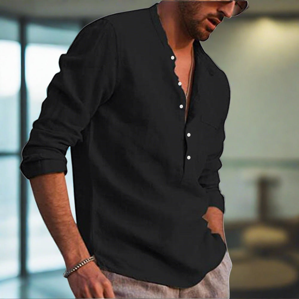 Leinenhemd | Brusttasche | Halber Knopf | Langarm | Herrenhemd-Chaps Herrenmode