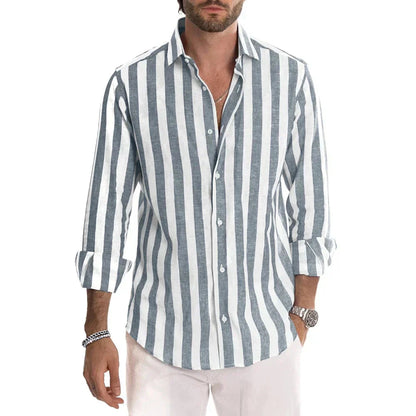 Leinenhemd | Gestreift | Button-Up | Langarmhemd | Herrenhemden-Grau-S-Chaps Herrenmode