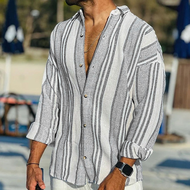 Leinenhemd | Gestreift | Langarm | Knopfleiste Hemd | Herrenhemden-Schwarz-S-Chaps Herrenmode