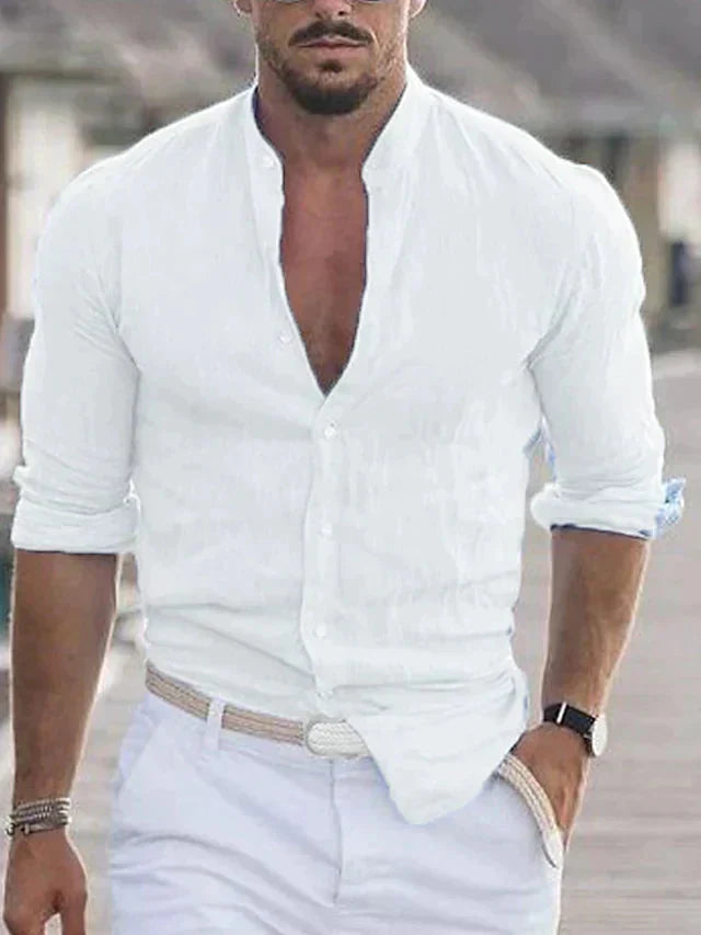 Leinenhemd | Langarm | Leichtgewicht | Button-Up Hemd | Herrenhemd-Weiß-XS-Chaps Herrenmode