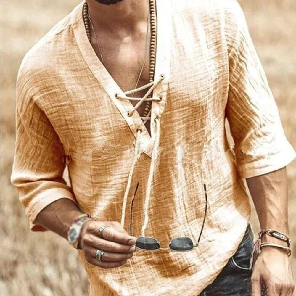 Herrenhemd Leinen Relaxt Fit Halbärmel V Ausschnitt - BerlinGlamour