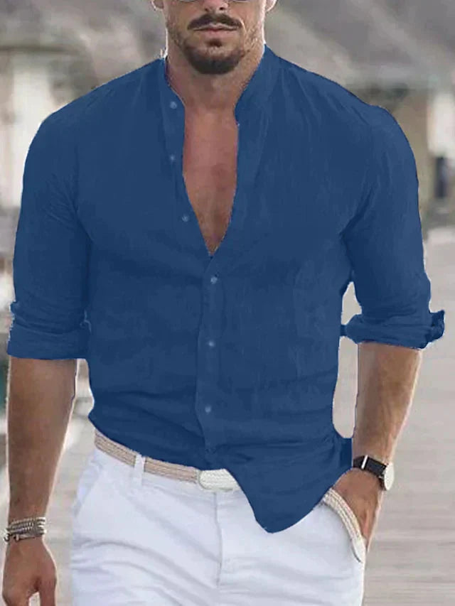 Leinenhemd – mit Knopfleiste – Leicht – langärmlig – Herrenhemd-Dunkelblau-XS-Chaps Herrenmode