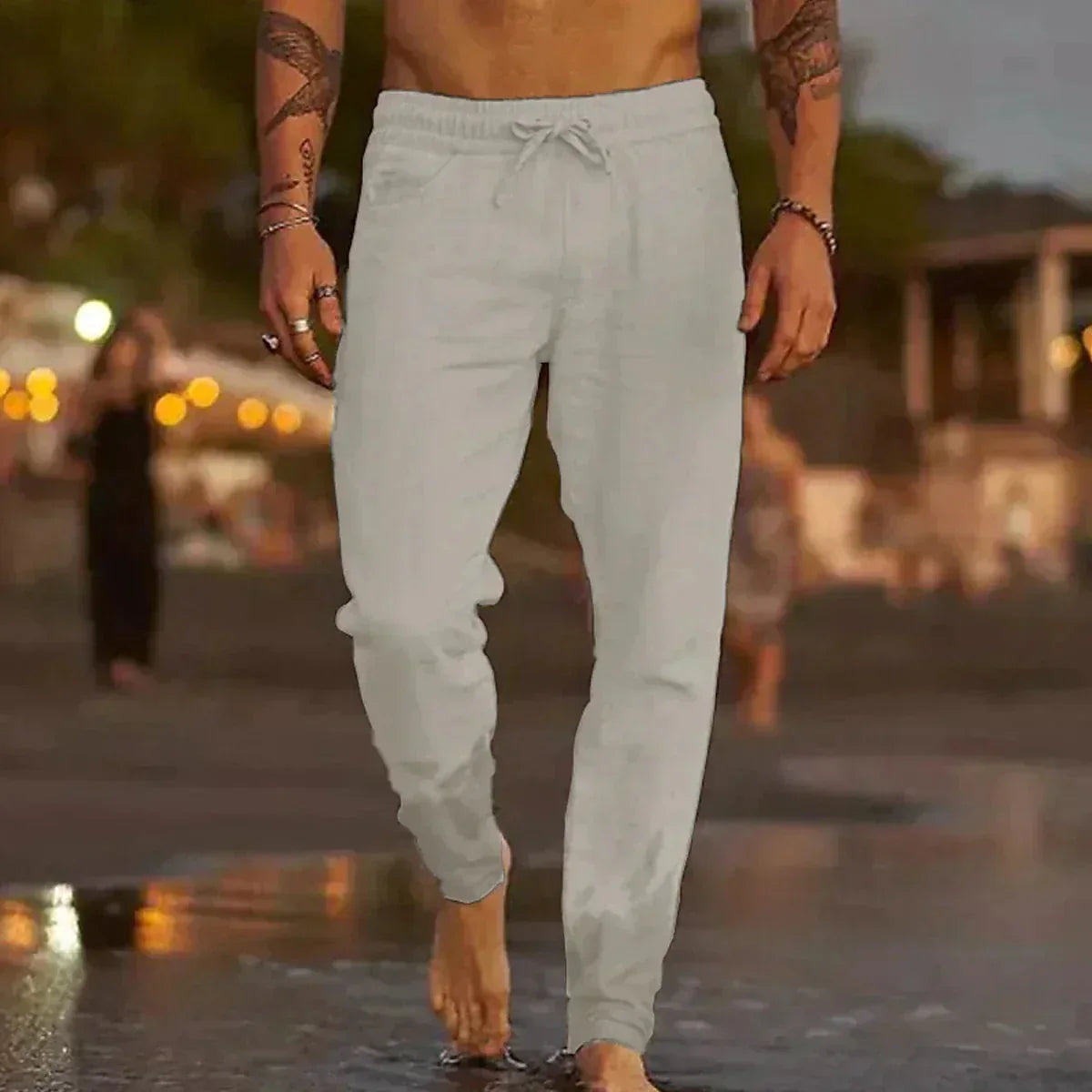 Leinenhosen - Kordelzug - Elastische Taille - Freizeithosen - Herrenhosen-Chaps Herrenmode