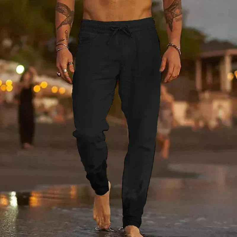 Leinenhosen - Kordelzug - Elastische Taille - Freizeithosen - Herrenhosen-Schwarz-S-Chaps Herrenmode