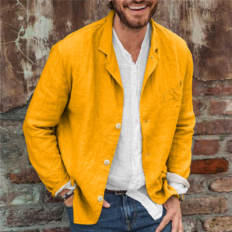 Leinenjacke | Langarm | Button-Up | Leinenblazer Herren | Herrenbekleidung-Gelb-S-Chaps Herrenmode