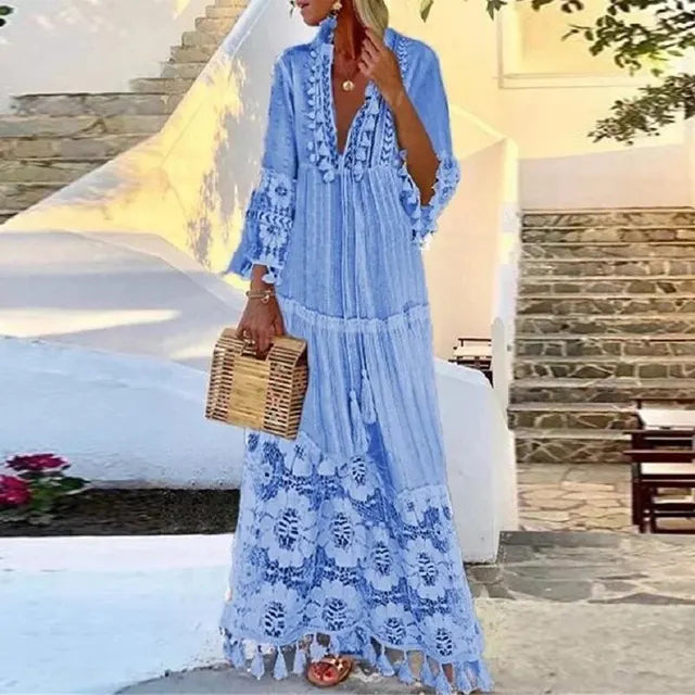 Boho-Kleid Lang Spitze Quasten Damenkleid Sommer - BerlinGlamour