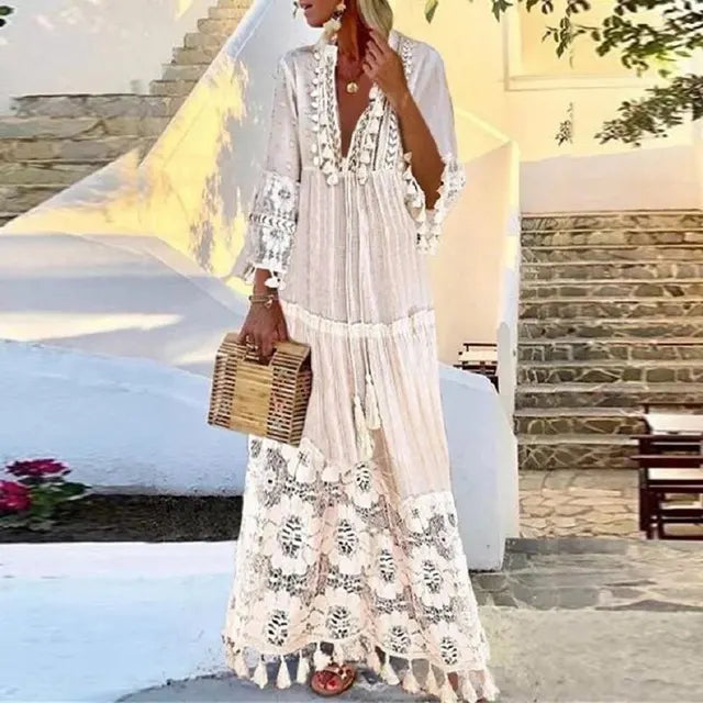 Boho-Kleid Lang Spitze Quasten Damenkleid Sommer
