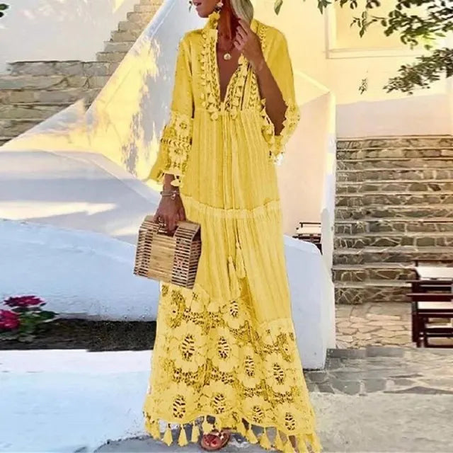 Boho-Kleid Lang Spitze Quasten Damenkleid Sommer