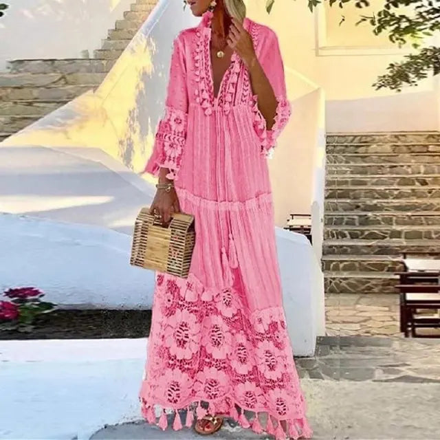 Boho-Kleid Lang Spitze Quasten Damenkleid Sommer