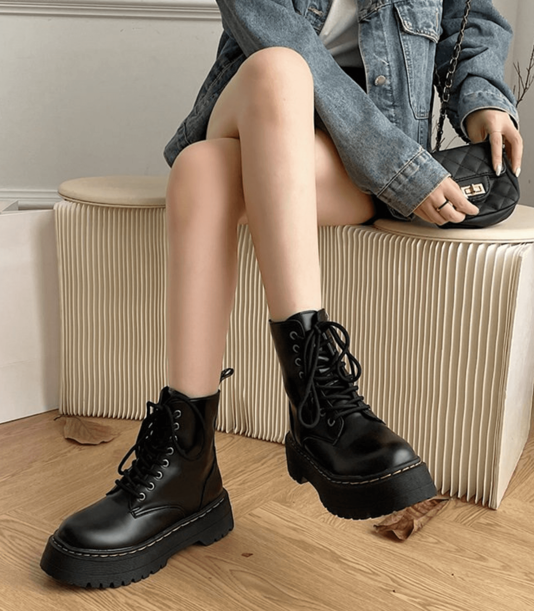 Schwarze Damen Stiefel Chunky Schnürschuhe Leder - BerlinGlamour