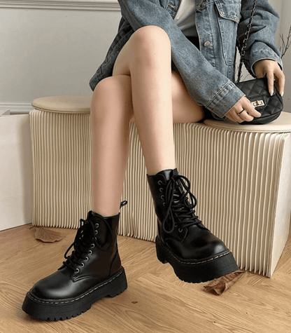 Schwarze Damen Stiefel Chunky Schnürschuhe Leder - BerlinGlamour