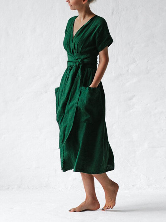 Leinen Wickelkleid Sommer Elegant Damen - BerlinGlamour