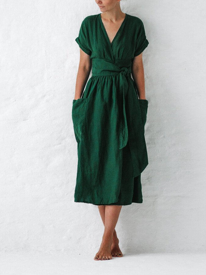 Leinen Wickelkleid Sommer Elegant Damen