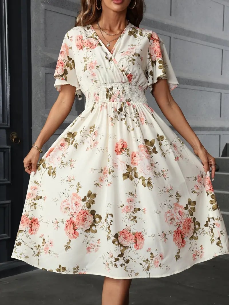 Elegantes Blumenkleid Frühling Sommer Frauenkleid