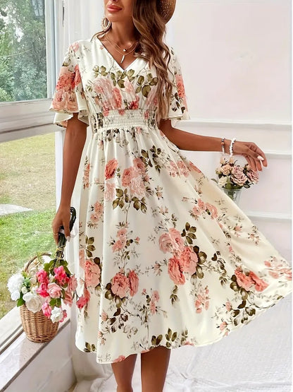 Elegantes Blumenkleid Frühling Sommer Frauenkleid