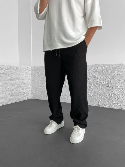 Locker sitzende Hosen – Lässige Herrenhose mit geradem Bein und Kordelzug-Schwarz-S-Chaps Herrenmode