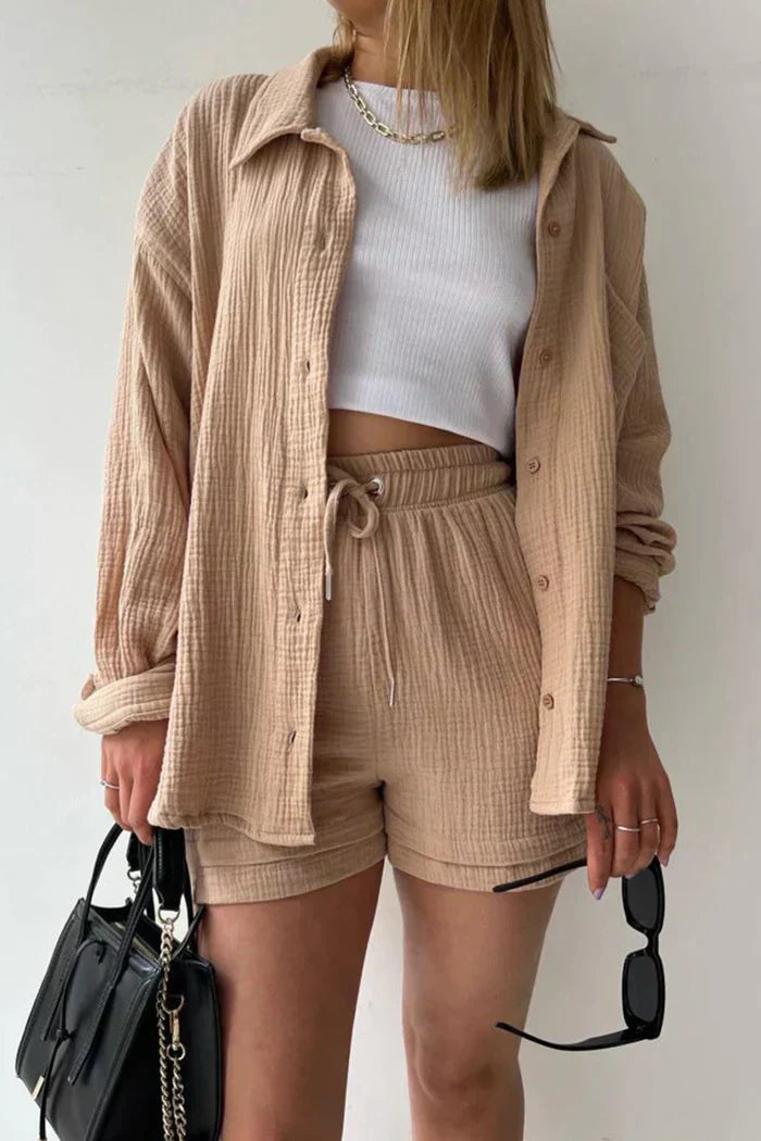 Damen Set Oversize Musselin Hemd Shorts Sommer