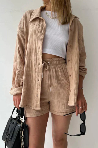 Damen Set Oversize Musselin Hemd Shorts Sommer